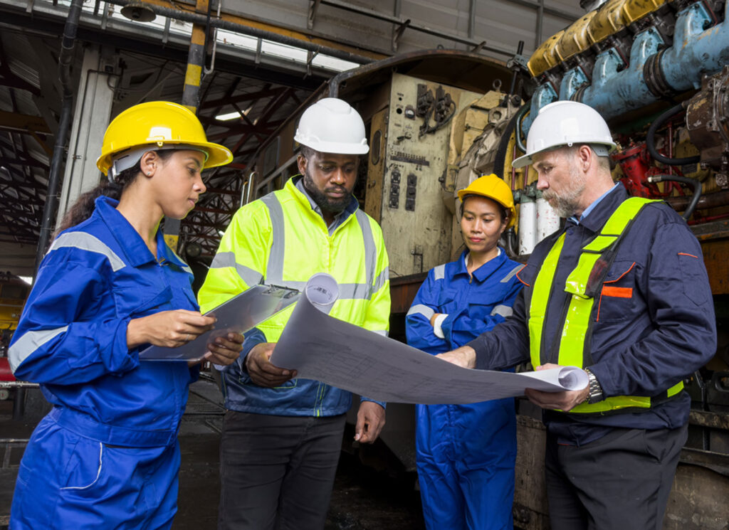 Certified heating technicians reviewing industrial HVAC blueprints in Provo.